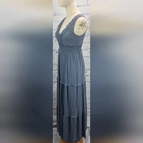 Rebellion Again Ruffled Boho Lace Maxi Dress V-Neck Dark Blue Rayon Y2K Size  XS - Picture 6 of 16